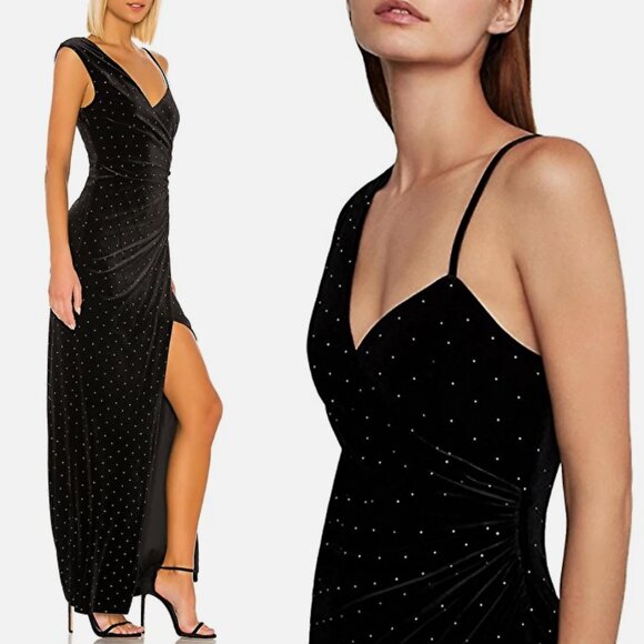 BCBGMAXAZRIA Velvet Stretch Studded Asymmetrical Strap Slit Dress size S NWT - Picture 1 of 14